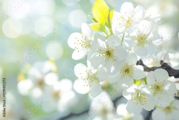 Fototapeta Close-up of delicate white flowers blooming on a tree branch, illuminated by sunlight, creating a soft and dreamy atmosphere