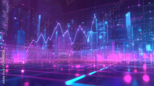 Fototapeta A stock market chart with upward-trending lines, surrounded by a digital cityscape and financial graphs
