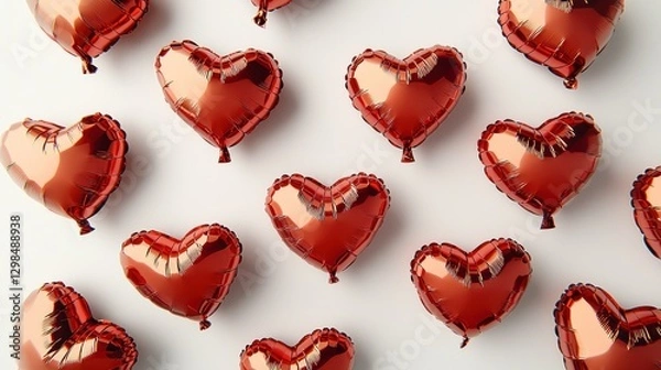 Obraz Red heart balloons, flat lay, white background, Valentine's Day, romantic