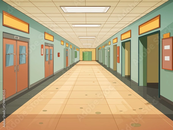 Fototapeta Cartoon empty corridor with doors, front view, color image, printable, without people