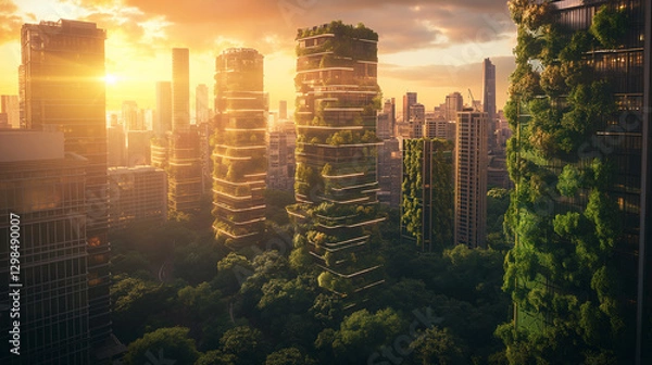Fototapeta Futuristic Eco-Friendly Cityscape with Vertical Gardens and Solar Panels at Sunset