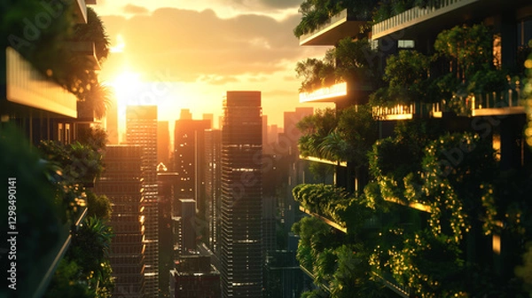 Fototapeta Futuristic Eco-Friendly Cityscape with Vertical Gardens and Solar Panels at Sunset