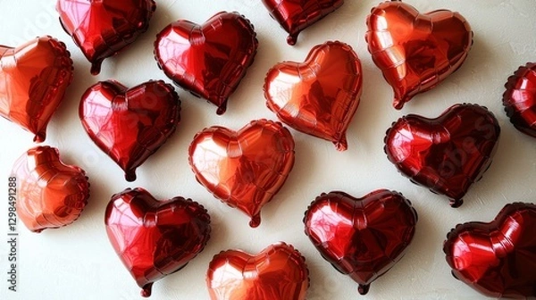 Obraz Red heart balloons scattered on white; Valentine's Day background