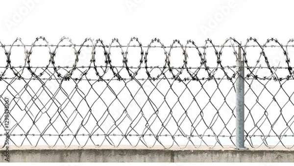 Fototapeta A fence topped with barbed wire, indicating security or a restricted area. Concept Security Measures, Restricted Area, Barbed Wire Design, Fencing Types, Safety Precautions