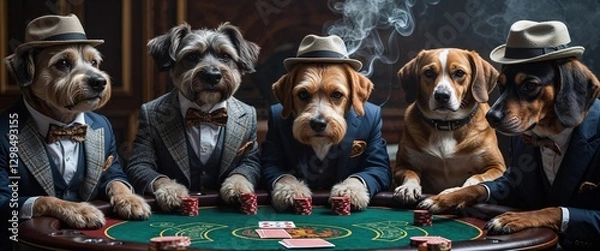 Fototapeta A group of five dogs, each dressed in elegant suits and hats, sit around a poker table stacked with chips. Smoke fills the air, adding to the playful, humorous atmosphere of the game