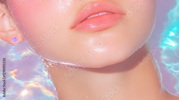 Fototapeta Soft, radiant skin glimmers under ethereal light, creating seren