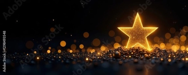 Obraz Shining gold star with glittering trail on black backdrop, award, quality