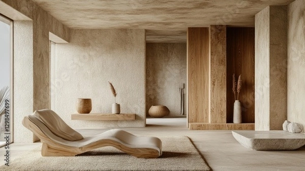 Fototapeta Modern Scandinavian-style empty living room with a smooth plaster wall, wooden elements, and neutral tones, ideal for mockup designs