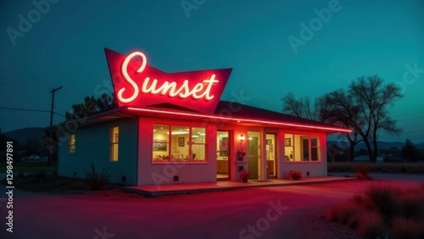 Fototapeta Motel neon sign, A retro 1950s motel at dusk with glowing neon sign soft light halos warm tones minimalistic off-center aesthetic rich re