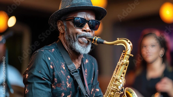 Obraz saxophonist wearing sunglasses plays soulful tunes at lively summer jazz festival, creating engaging atmosphere