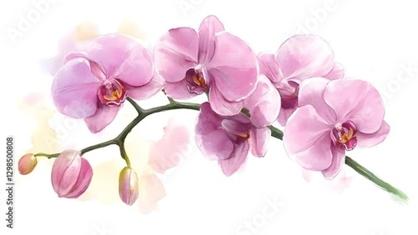 Fototapeta A branch of pink orchids with delicate petals and buds, set against a soft, blurred background. Concept Pink Orchids, Delicate Petals, Soft Background, Floral Composition, Nature Photography