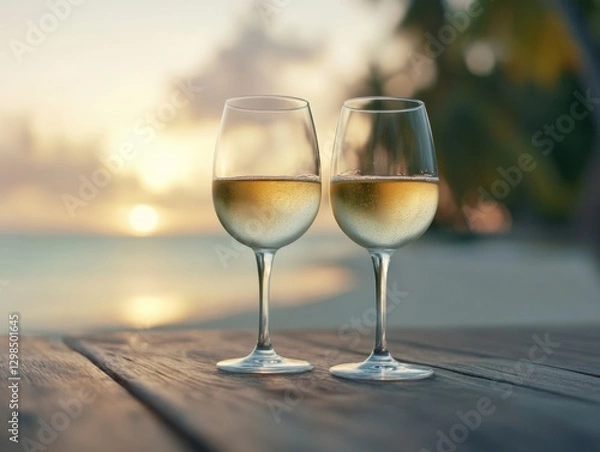 Obraz Two Wine Glasses with Golden Liquid on Wooden Table