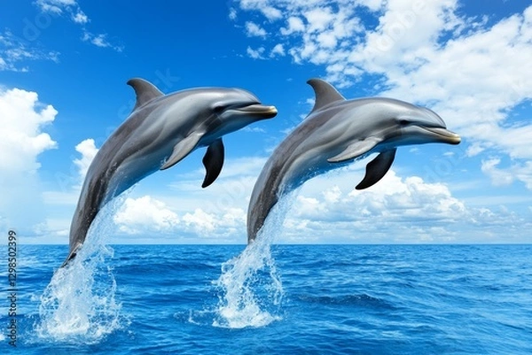 Fototapeta A deep blue ocean with dolphins jumping out of the water playfully