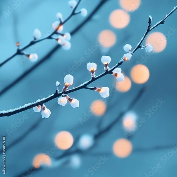 Obraz Branches with Frozen Buds and Bokeh Lights.