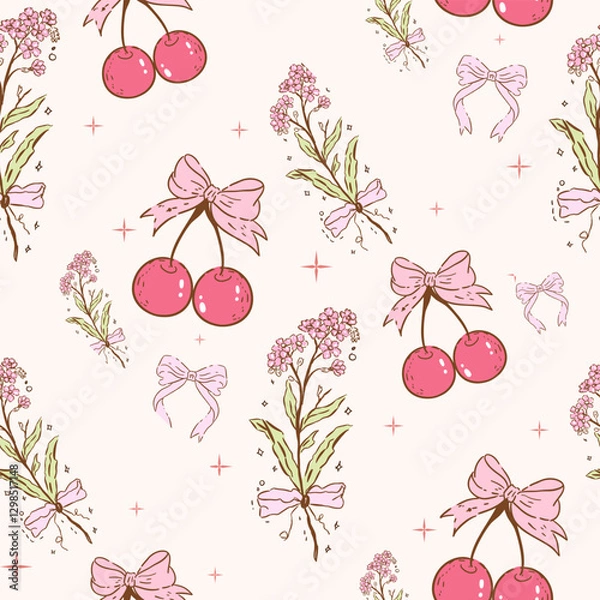 Obraz cherry with bow pattern seamless, vintage flowers, Vintage Retro Pink Seamless Pattern, Pink Vintage Coquette valentine seamless file, Retro Pink seamless file, Spring Retro coquette Digital wallpaper