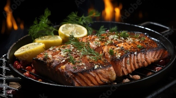 Obraz Grilled Salmon Fillets with Lemon, Fire Background
