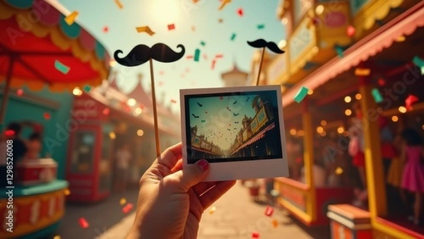 Fototapeta Photo booth props, A vintage polaroid photo booth in a carnival with confetti and quirky props vibrant colors cinematic lighting