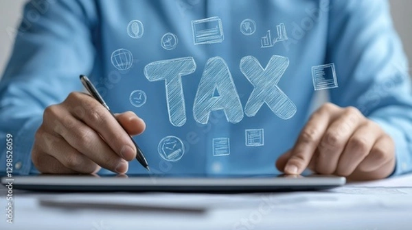 Fototapeta Tax time concept with hand using pen on tablet.