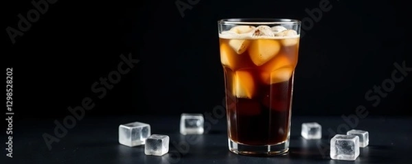 Fototapeta Iced coffee in tall glass, black backdrop, ice cubes , close up, macro