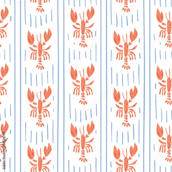 Fototapeta Stripes lobster seamless pattern. Sea, ocean, marine, summer beach repeat background. Tropical wallpaper, cute coastal print, wrap paper, retro fabric, textile design. Hand drawn vector illustration.