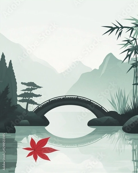 Fototapeta Illustration of a tranquil Chinese garden in a minimalist style. A small stone bridge arches over a calm koi pond, surrounded by bonsai trees and delicate bamboo.