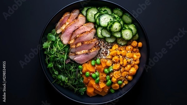 Fototapeta Modern Fusion Bowl, close-up view featuring a geometric arrangement of grains, proteins, and fresh ingredients in an artistic presentation.