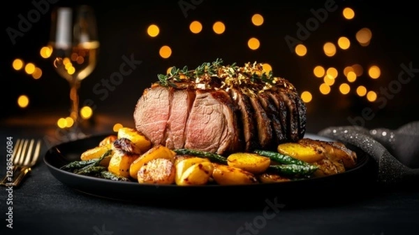 Fototapeta Festive Holiday Feast, Close-up of a traditional roast with garnished vegetables on a decorated dinner plate, surrounded by sparkling decor