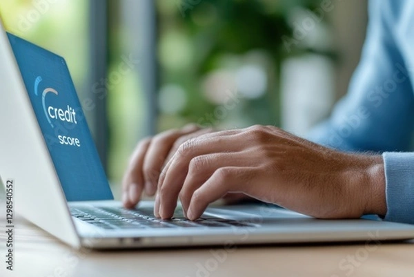 Fototapeta Checking Credit Score Online on Laptop
