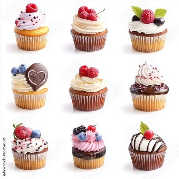 Fototapeta A collection of glossy 3D cupcakes and mini cakes, topped with chocolate drizzle, fresh berries, and colorful frosting, arranged neatly on a white isolated
