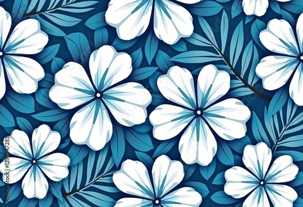 Fototapeta Hawaiian Vector Simplicity: A Blue and White Floral Pattern with Flat Colors, Clean Lines, and a Simple Art Style, Perfect for a Tropical Vibe.

