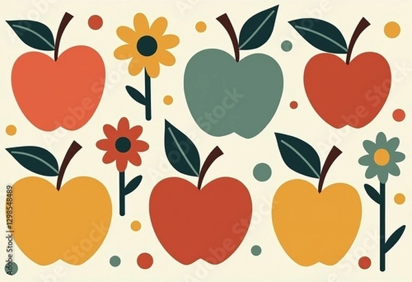 Fototapeta Retro Pastel Garden: A Charming Blend of Apples and Flowers, Featuring Simple Shapes, Cute Patterns, and a Playful Palette for Delightful Creations.

