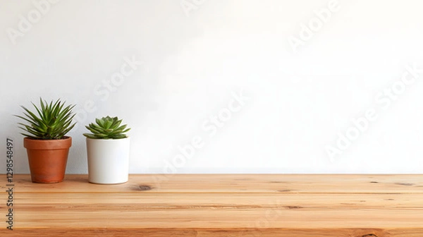 Fototapeta Minimalist Greenery: Two potted succulent plants sit atop a wooden surface against a clean backdrop, blending simplicity and organic beauty to bring peace.