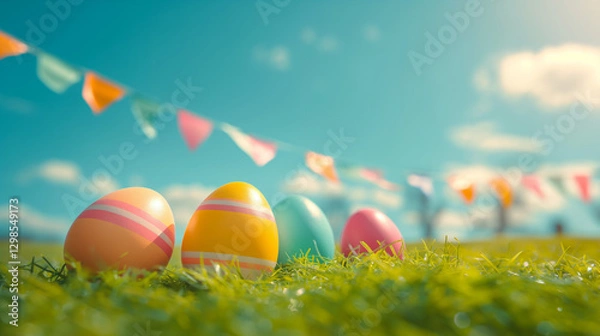 Obraz Colorful Easter eggs on grass and a blu sky