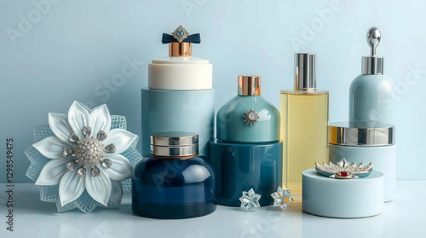 Fototapeta Elegant Still Life Photograph of Perfume Bottles in Various Shapes, with Decorative Flowers and Soft Blue Background.