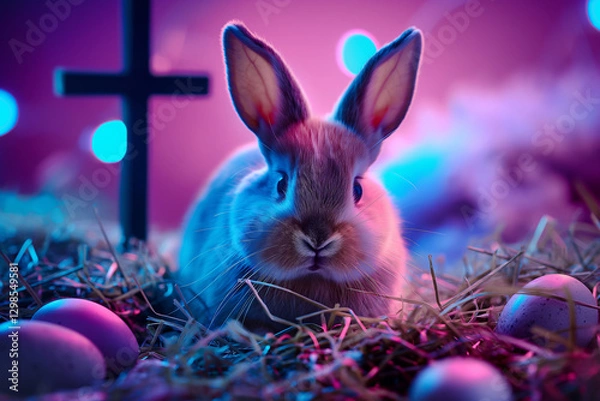 Obraz Easter bunny surrounded by colored easter eggs and cinematic lighting