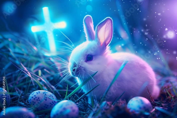 Obraz Easter bunny surrounded by colored easter eggs and cinematic lighting