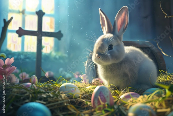 Obraz Easter bunny surrounded by colored easter eggs and cinematic lighting