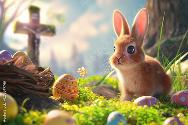 Obraz Easter bunny surrounded by colored easter eggs and cinematic lighting