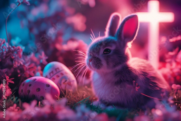 Obraz Easter bunny surrounded by colored easter eggs and cinematic lighting