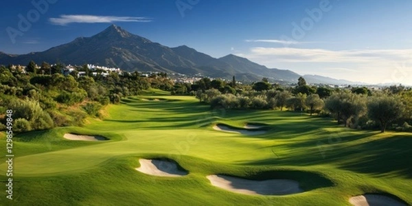 Obraz Luxurious golf course set against a stunning mountain backdrop in Marbella on a sunny afternoon