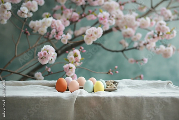 Obraz Colorful Easter eggs arranged on atable under a blooming cherry tree