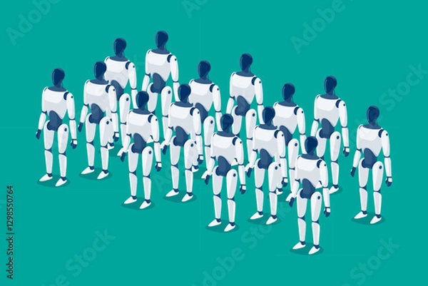 Fototapeta Humanoid robots workers army standing ready. Autonomous robotic machines industry. Artificial intelligence ai-powered bot android cyborg. Cyber robot replacing humans. Isolated vector illustration.