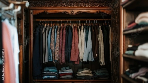 Fototapeta Classic wooden wardrobe with vintage charm, featuring beautifully arranged clothing and warm soft lighting.