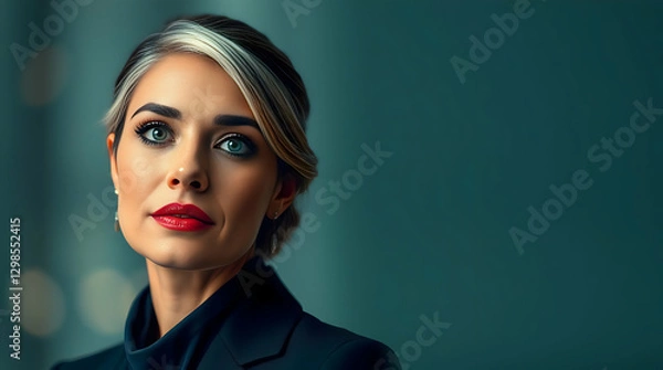 Fototapeta Sophisticated Portrait of Woman with Elegant Updo, Bold Red Lips, Blue Eyes, Navy Blazer, and Soft Gradient Background
