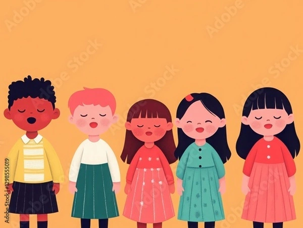 Fototapeta A diverse group of children standing together with closed eyes, showcasing unity and innocence against a vibrant background.