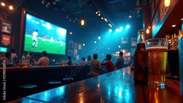 Fototapeta TV screen with live match, Sports bar at night with massive LED TV broadcasting live match glowing beer bottles wood grain walls in photorealistic 