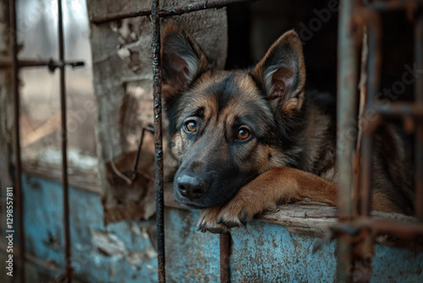 Obraz A loyal dog gazes through a broken window in an abandoned building, capturing a moment of solitude and longing amidst the remnants of the past