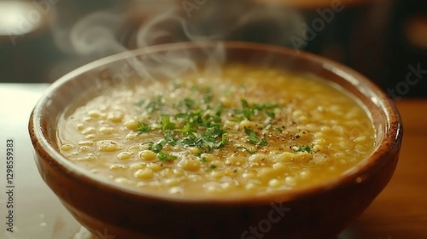 Fototapeta Steaming corn soup, restaurant setting, close-up