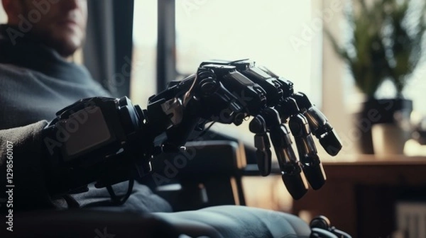 Fototapeta A close up of a man s artificial robotic hand resting on his thigh, showcasing advanced technology and a modern lifestyle in a cozy indoor setting with soft lighting