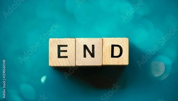 Obraz 終わりを意味する英語単語のENDの文字が書かれた木製のキューブブロック。 aiで生成	
